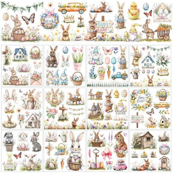 12 Sheets Easter Rabbits Rub on Transfers for DIY Crafts Animals Flowers Plants Rub on Transfer Stickers PVC Rub on Decal for DIY DIY Home Furniture Window Wood