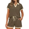 thumbnail image 2 of Mifsaly 2 Piece Short Sets for Women Short Sleeve V Neck Top and Drawstring Shorts with Pockets Summer Casual Vacation Matching Lounge Outfits Coffee,XXL, 2 of 6