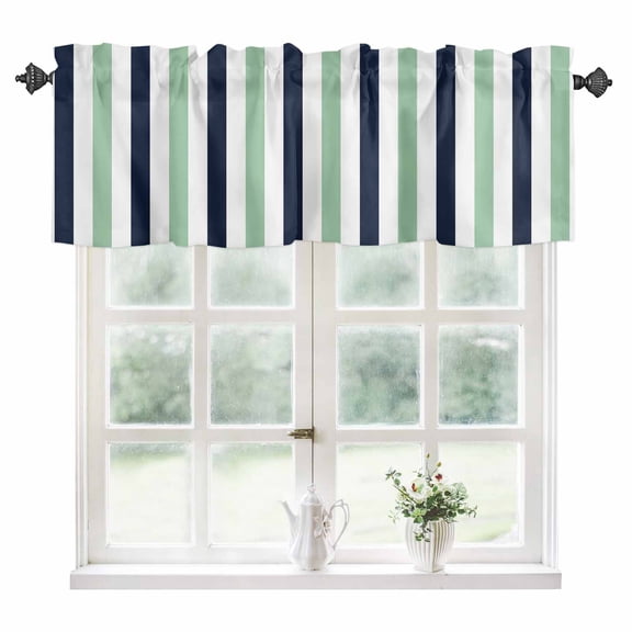 Light Green Navy Blue Striped Kitchen Valances for Windows 42x12 Inch Kitchen Curtains Valances Rod Pocket Farmhouse Stripe Art Bathroom Window Valances for Window Treatment Decor