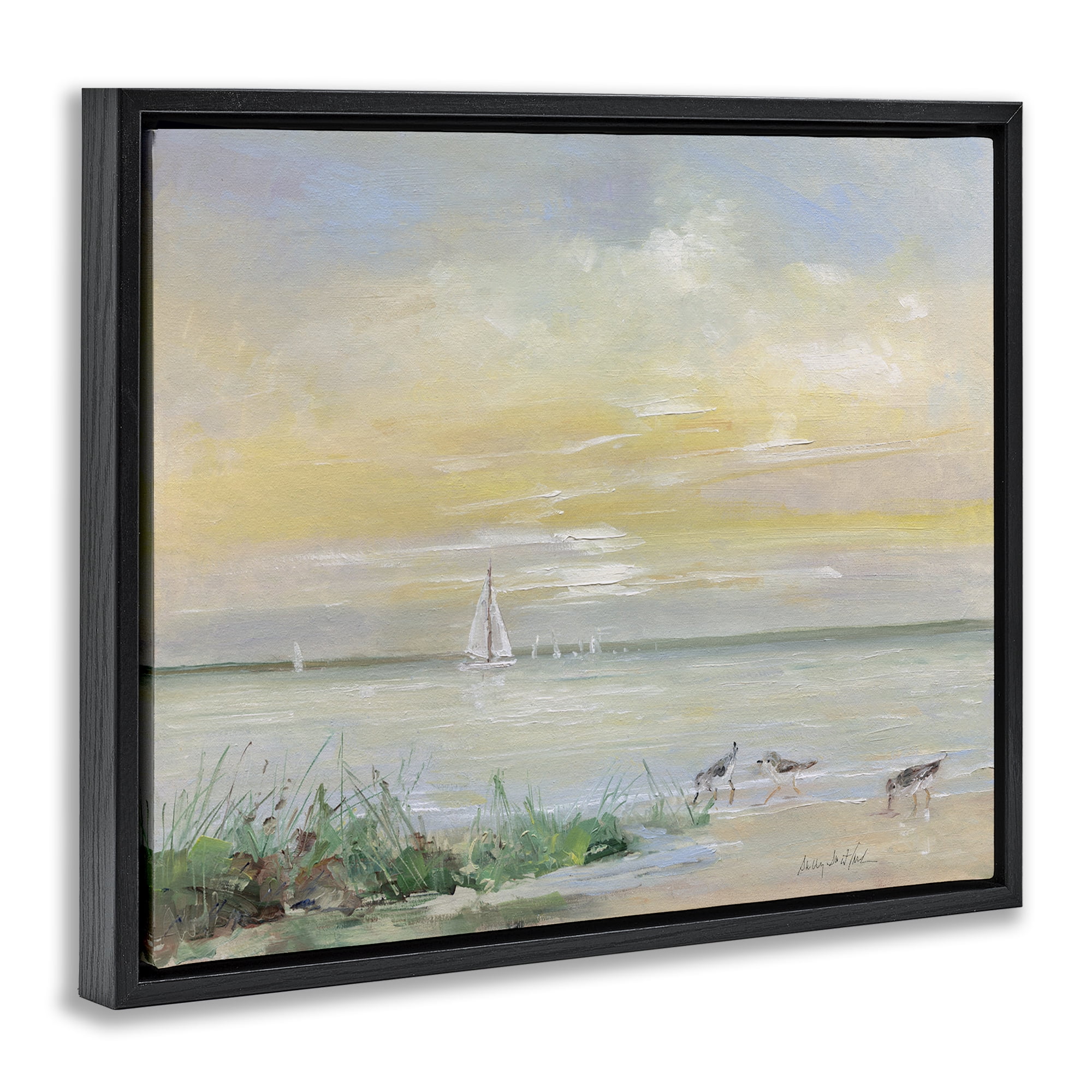 Stupell Industries Sailboats & Sanderlings Shore Black Framed Floater Canvas Wall Art, design by Sally Swatland