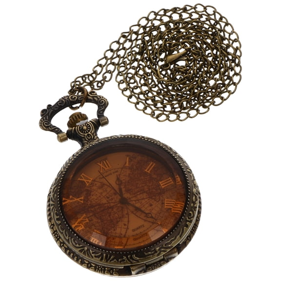 KONTONTY 1Pc Retro Dark Brown Pocket Watch Quartz Movement World Map Embossed Cover Hanging Watch for Decoration