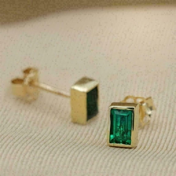 Bezel Style 2.00Ct Emerald Cut Lab Created Green Emerald Stud Earring's Solid 14K Yellow Gold Plated Silver
