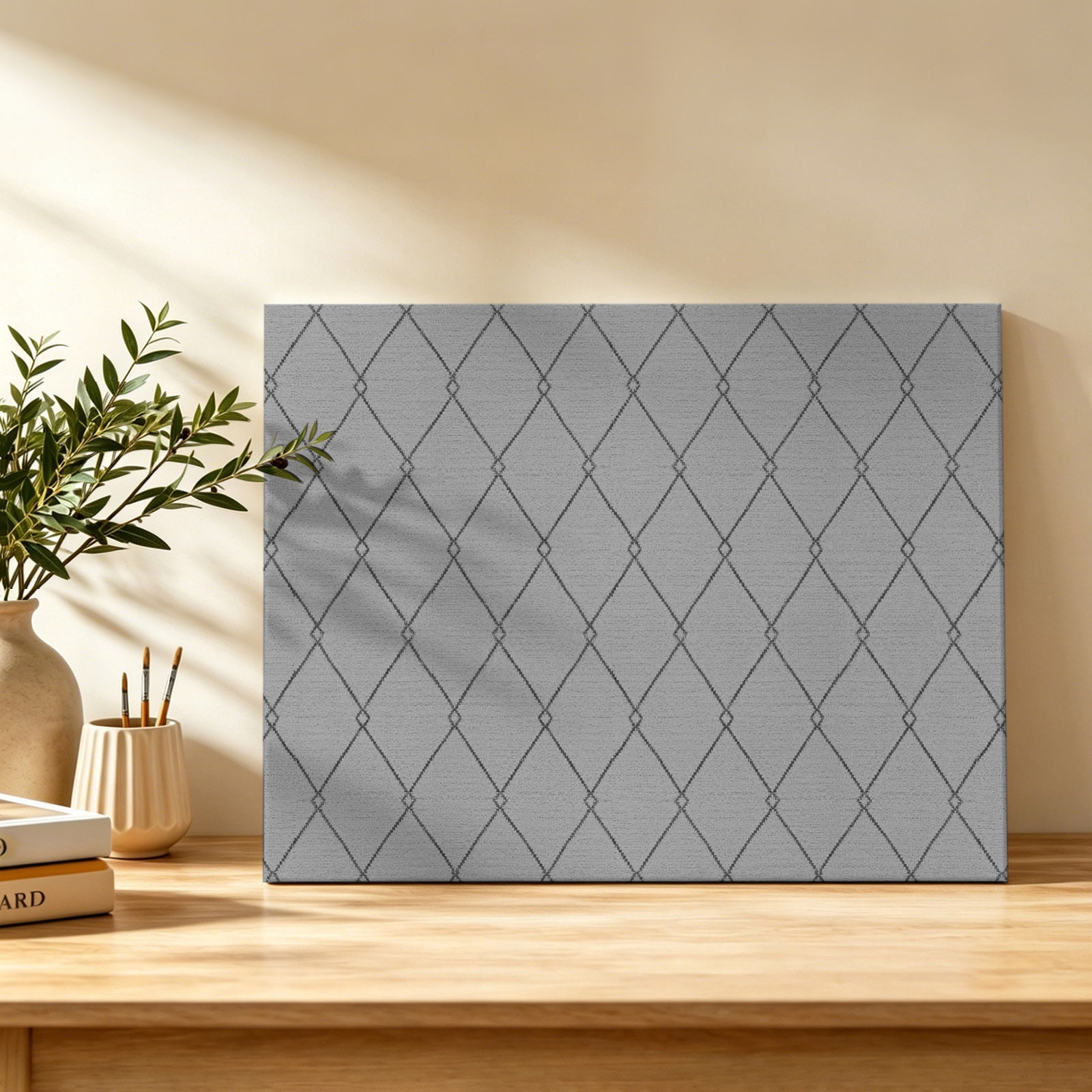 Slate Gray Quilted Lines Canvas Wall Art Minimalist Rhombus Pattern Diamond Grid Wall Art Prints Artwork Framed Canvas Ready to Hang Art Pictures for Dining Room Bedroom Study Lounge Nook 18 x 12