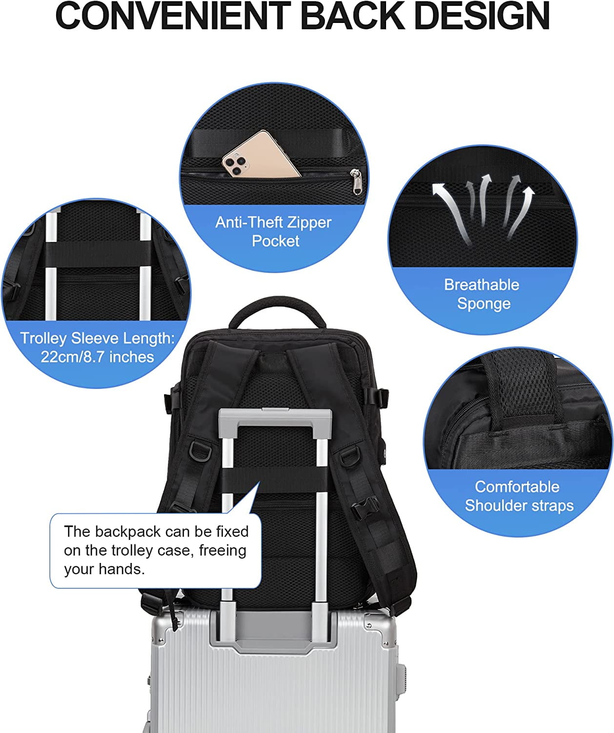 Large Travel backpacks for Adults, Flight Personal Carry on Backpack for Women Men, Approved Airlines Back Pack Carry-ons Mochilas de Viaje, Waterproof Luggage Laptop Backpack Black