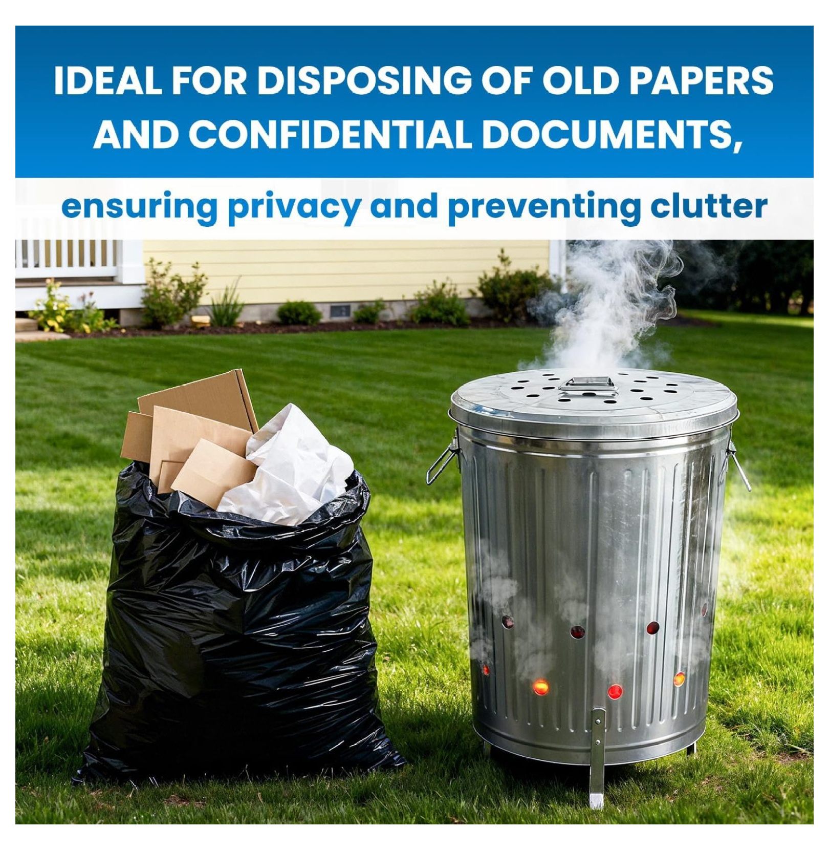 Incinerator Burn for Outside for Burning Trash Leaf - Metal Burn Can Cage Bin Container - Fire Can Paper Burner Outdoor, Lid and Ventilation Holes, Galvanized Steel, 20 Gallon