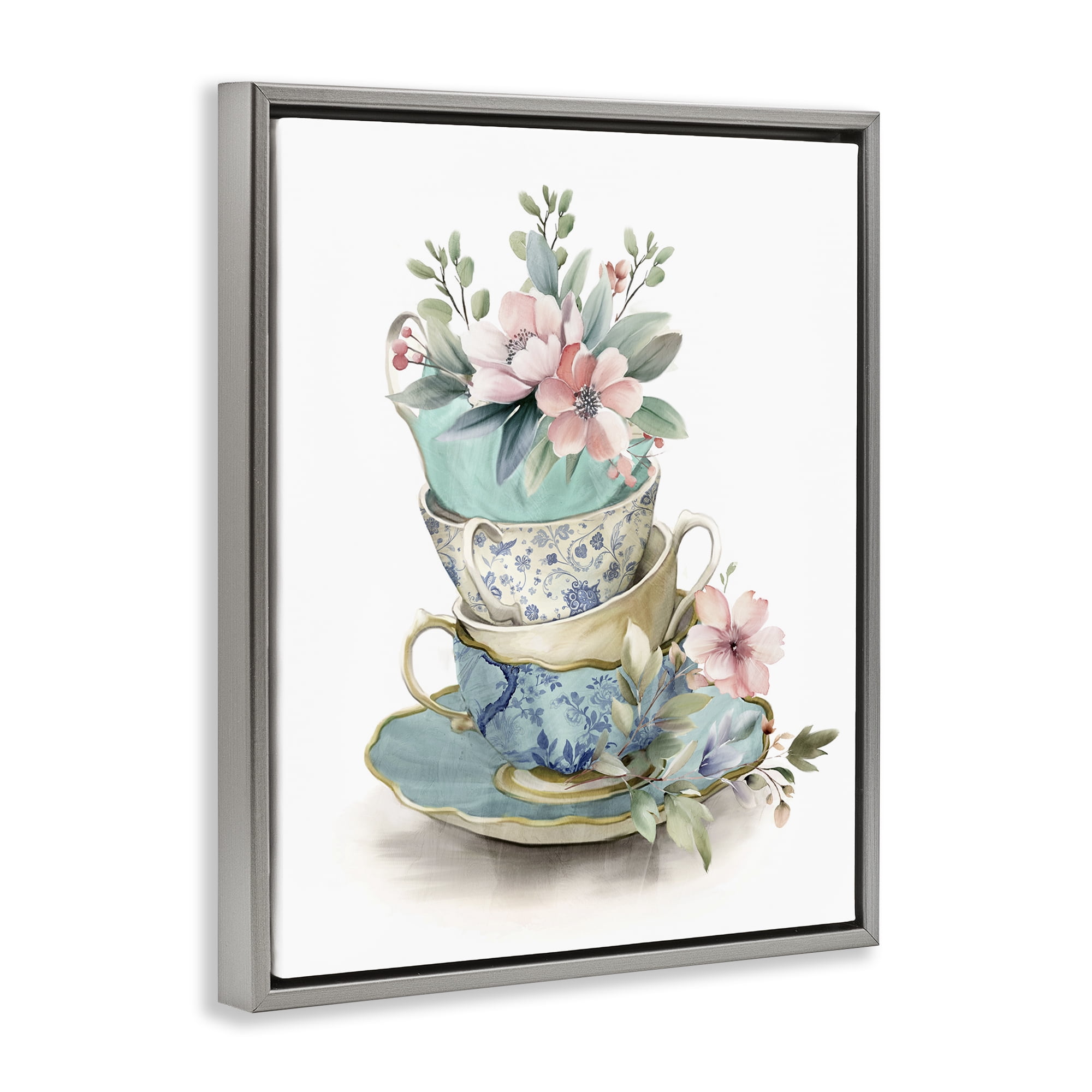 Stupell Industries Tea Cup Chinoiserie Blossoms Gray Framed Floater Canvas Wall Art, design by Kim Allen