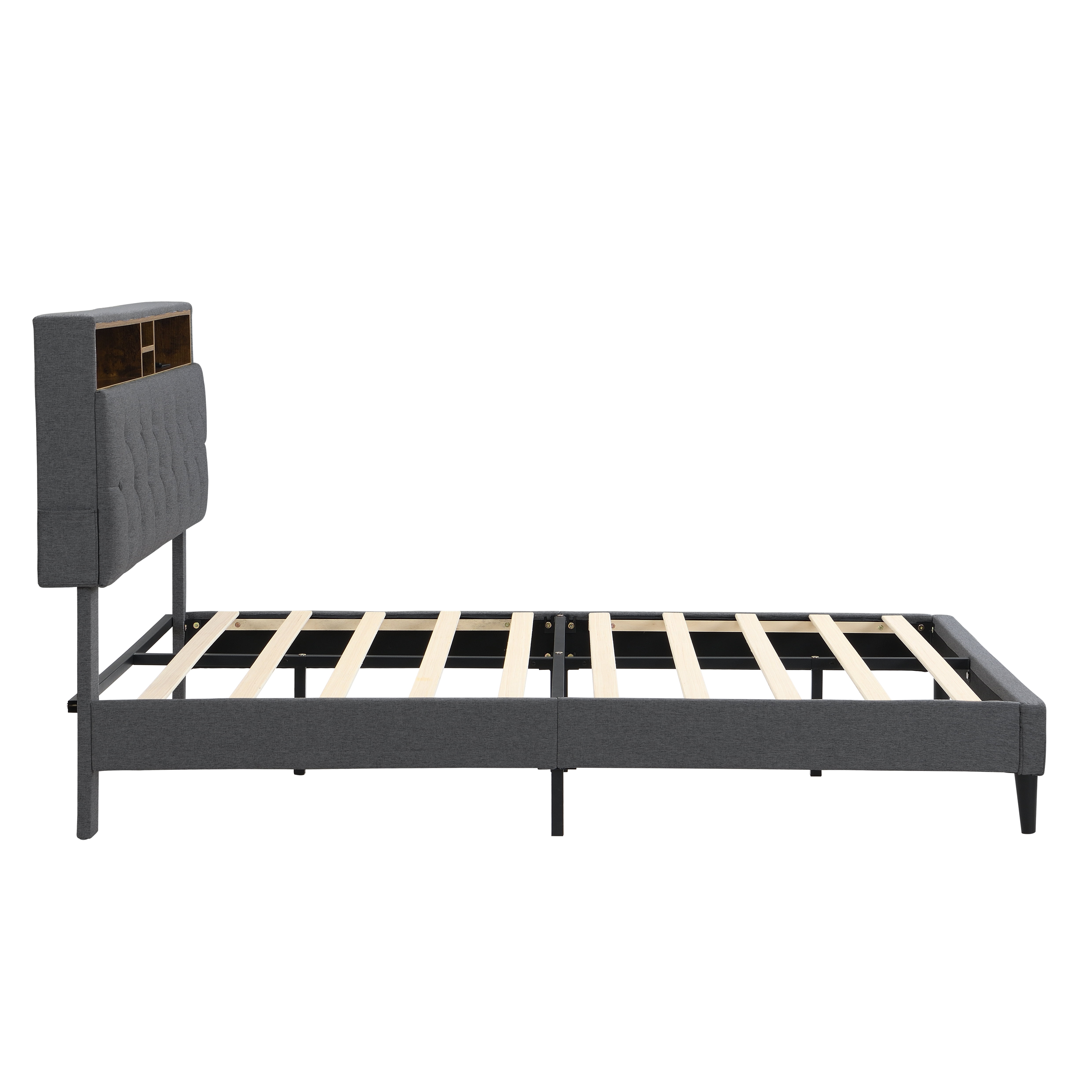 FFZ Linen Upholstered Queen Platform Bed Frame with Tufted Headboard USB, Dark Grey
