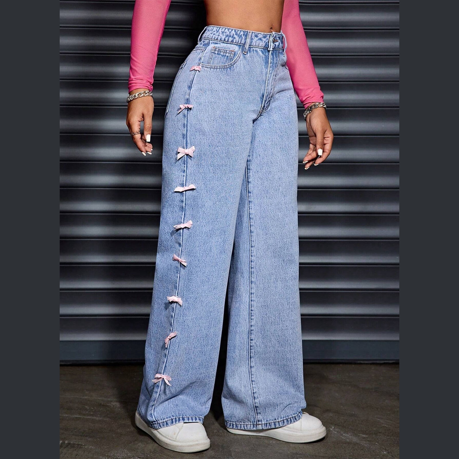 Ladies Casual Baggy Wide Leg Jeans with Pockets,High Waist Loose Fitting Straight Side Bow Washed Vintage Streetwear Denim Pants Light Blue M