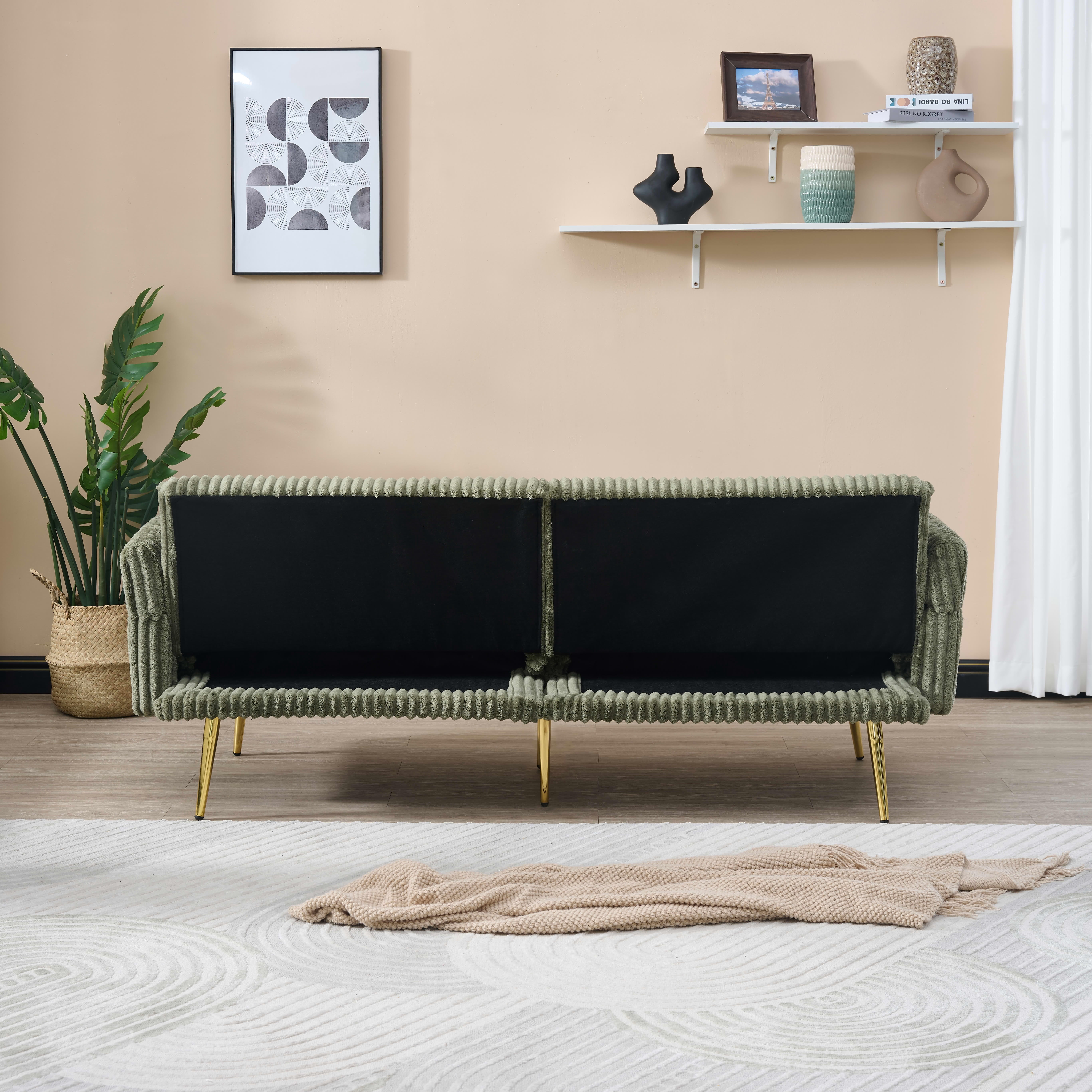 MAYEERTY 79" Green Corduroy Convertible Sofa Bed, Foldable Armrest Wood Frame Couch for Small Living Room