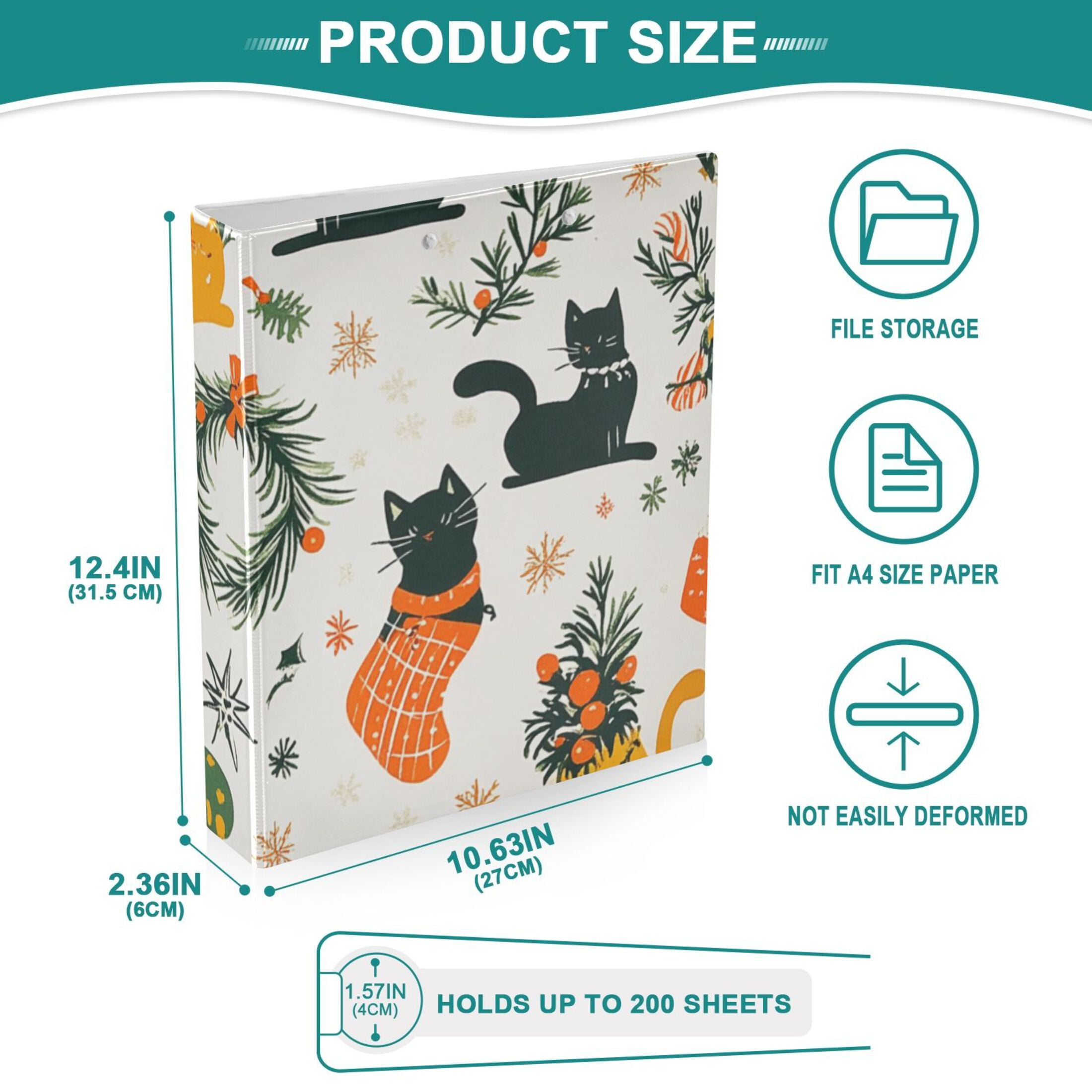 Christmas Cats and Leaves 3 Ring Binders 1.5 inch Hardcover File Folders with Interior Pockets A4 Size Organizer for School Office Hospital