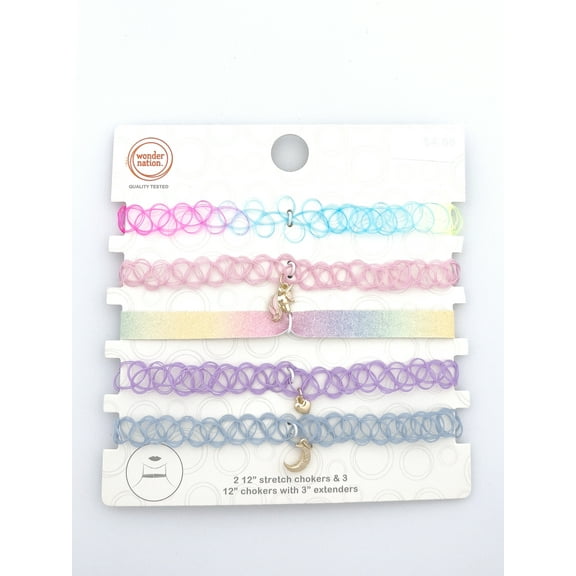 Wonder Nation Unicorn Stretch Necklace and Choker Set, 5-Pack, Multi Colors