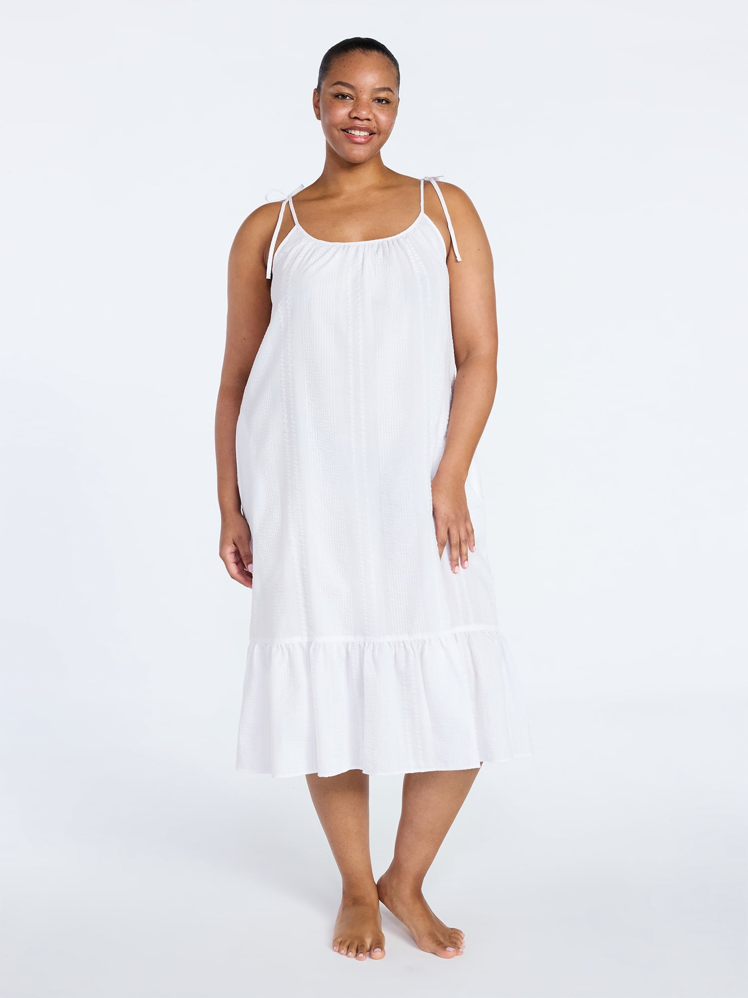 Joyspun Women's Seersucker Midi Sleep Gown with Shoulder Tie, Sizes XS to 3X