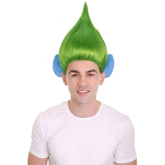 HPO Adult Men's Pointy Diamond Guy Troll Wig with Blue Ears | Lime Green Color Wig | Made of Synthetic Hair Wig