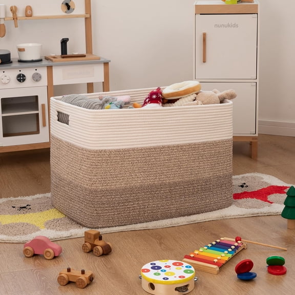 72L Large Blanket Basket(25"x16"),Large Blanket Basket for Organizing, Dog Toy Bin,baby laundry basket,Cotton Rope Blanket Basket for Living Room, Laundry, Nursery, Pillows (White and Brown)