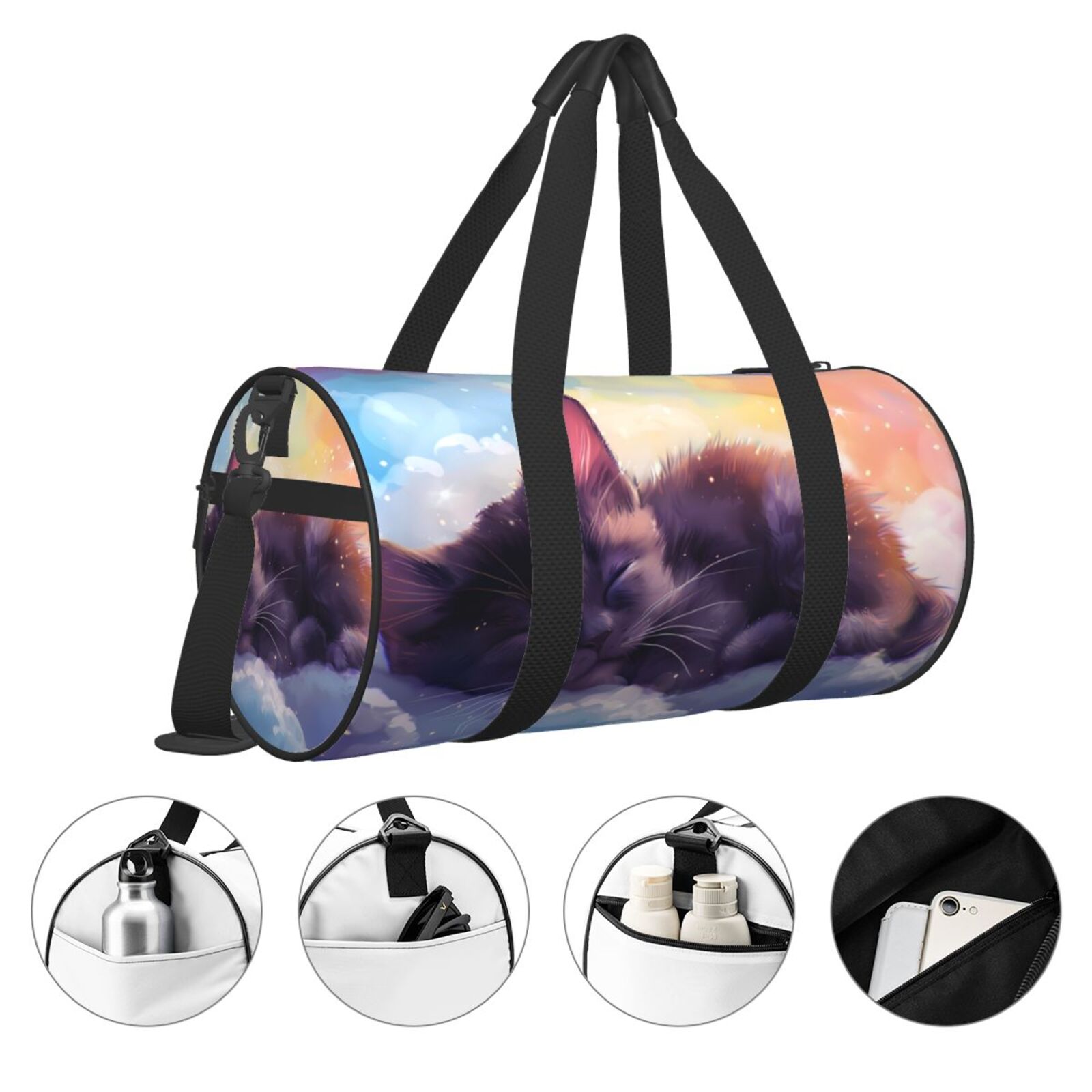 Vsdgher Colorful Cloud Sleeping Cat 45L Foldable Duffel Bag, Sports Gym Bag,Overnight Bag, Portable Weekender Bag for Airplanes