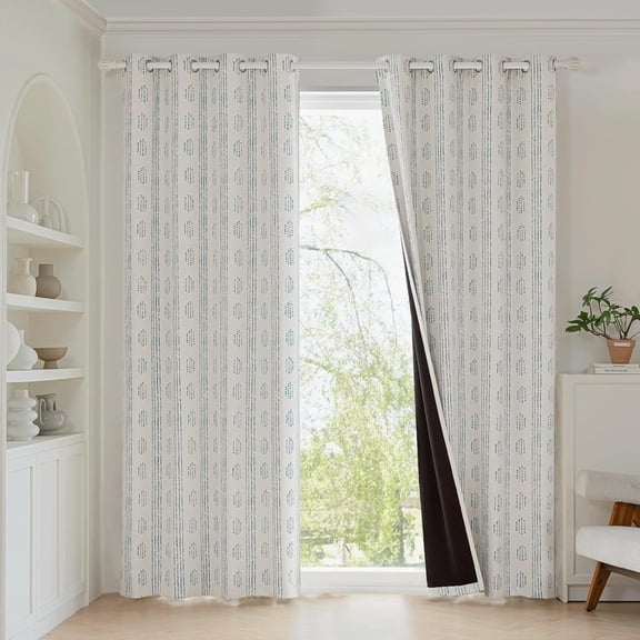 100% Boho Blackout Curtains for Bedroom, Blue on Beige Patterned Bohemian Curtains for Living Room, Geometric Striped Thermal Insulated Window Drapes Gromment Top 26"W x 54"L (Pack of 2)
