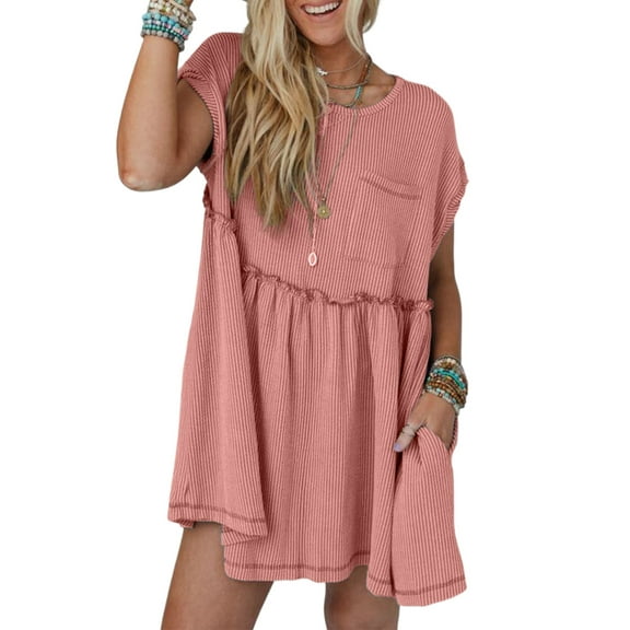 Women's Dusty Pink Corded Knit Frilled Swing Mini Dress with Pockets | [ZhiHiMeRi] | (US 12-14)L