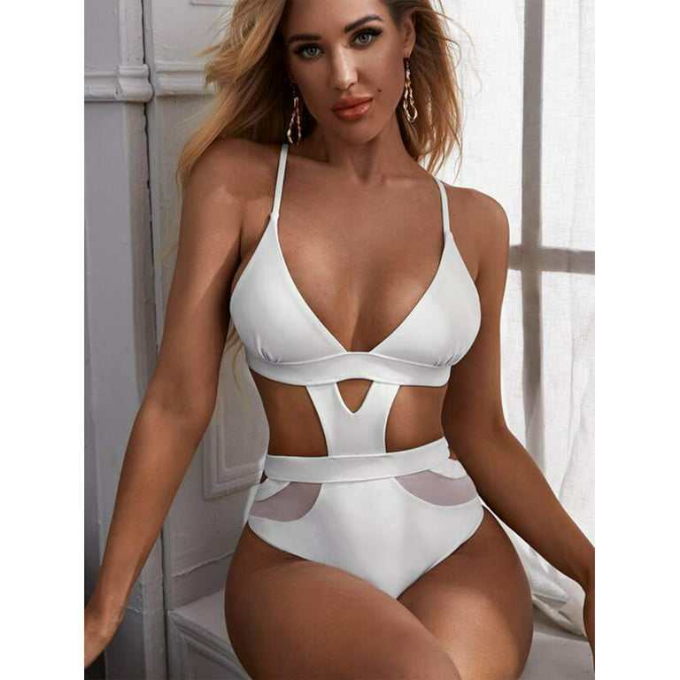 Finelylove Tummy Control Swimsuits For Women Tummy Concealing Sport Bra  Style Bikini White S
