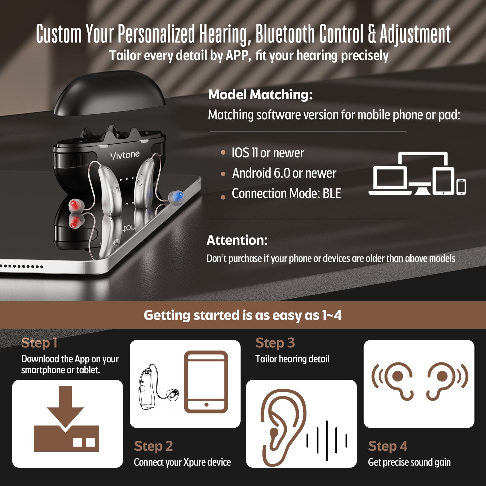 Vivtone Xpure Advanced Bluetooth Hearing Aids, Rechargeable OTC for Seniors Adults, with APP Control, Auto On/Off