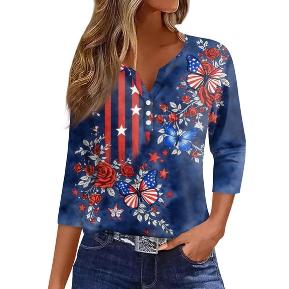 Women's Patriotic Star Print 250th Anniversary USA Shirt V-Neck Button 3/4 Sleeve T-Shirt