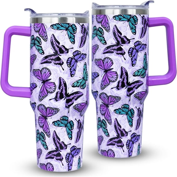 40oz Butterfly Tumbler With Handle Lid and Straw -Purple Butterfly Stainless Steel Insulated Tumblers Travel Mug Coffee Cup-Gifts For Women Girls