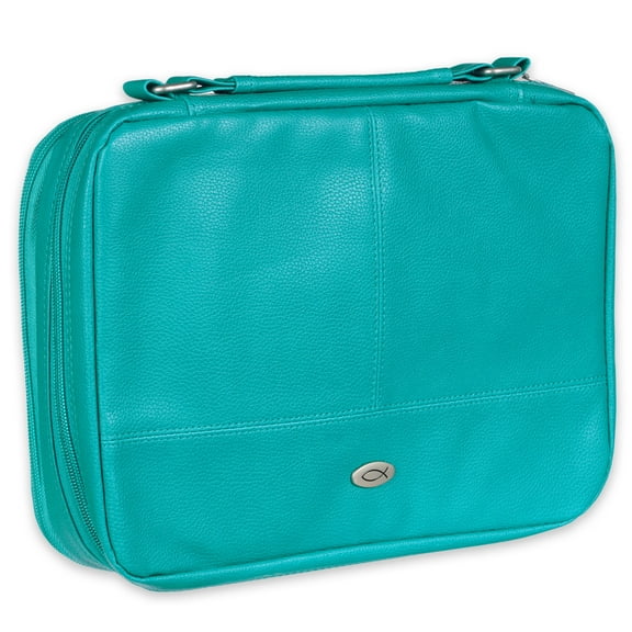 Christian Art Gifts Inspirational Vegan Leather Two-fold Organizer Bible Cover for Women, Jesus Fish Badge, Sturdy Carry Handle, Pen Loops, Pockets, Pen/Highlighter Combo & Notepad, Turquoise, XL