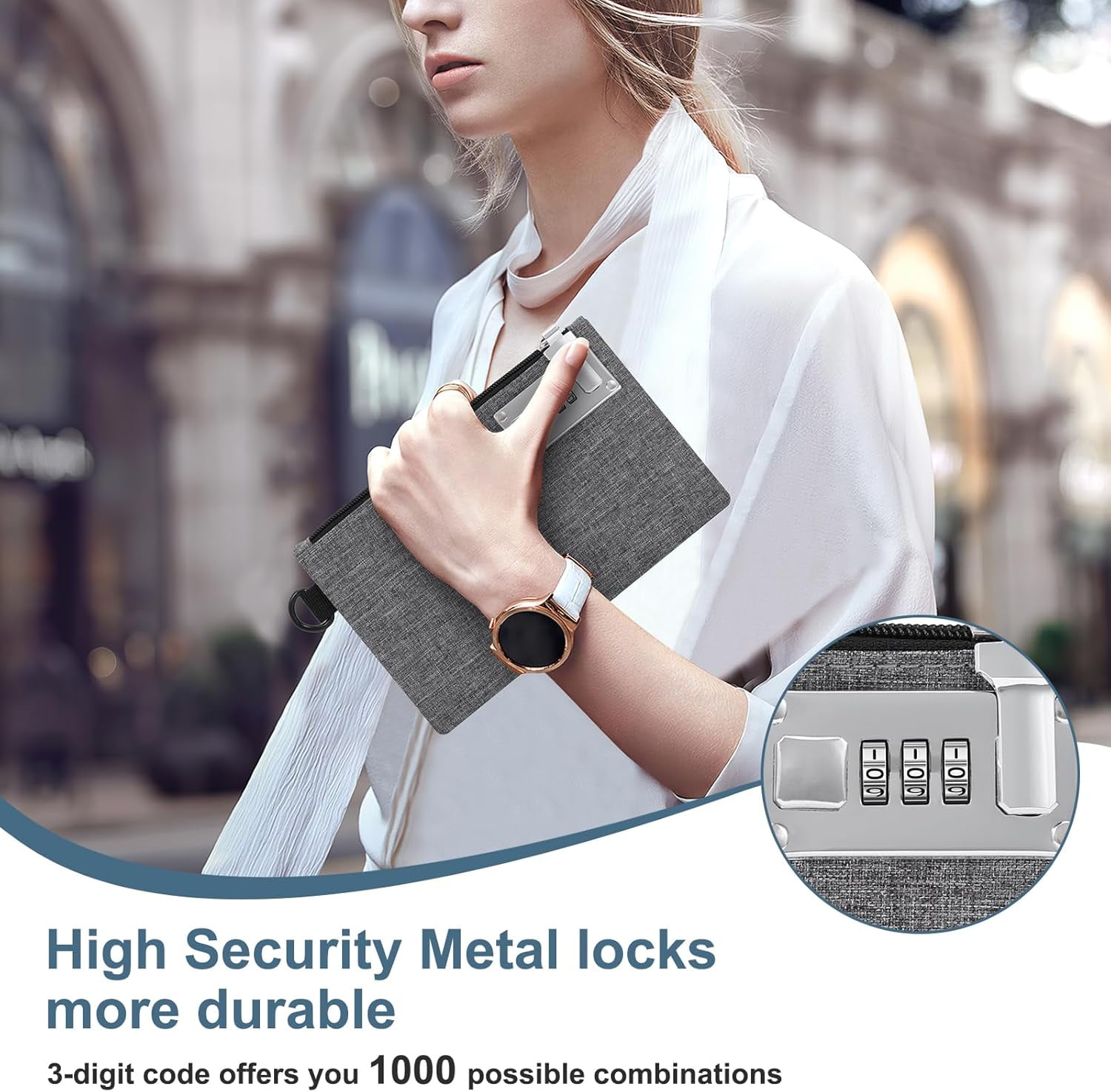 ABPETE Lockable Money Bag, 5.3 x 8.3 Inches Nylon Locking Coin Purse Bank Pouch, Cash Bag with Lock, Portable Travel Money Pouch, Jewelry, Passports, Medicine, Credit Cards - 1Pcs(Grey)