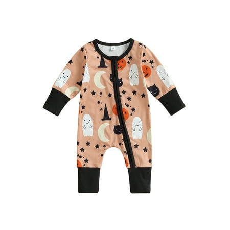 

Wallarenear Baby Boy Girl Halloween Romper Pumpkin Ghost Print Zipper Jumpsuit Fall Outfits