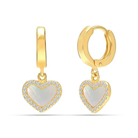 LeCalla 925 Sterling Silver 18K Gold-Plated Mothers of Pearl Heart Huggie Hoop Earrings for Women and Teen 23MM
