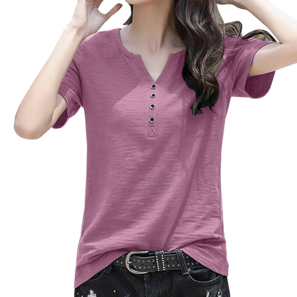 Gibobby Camisas mexicanas con cuello en V para mujer Camiseta suelta informal con cuello en V para mujer, blusa manga corta con estampado(Morado,M)