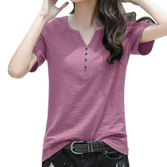 Shwomsmer Womens Summer Tops Women Button Casual Daily Shirts V Neck Short Sleeve T Shirt Tee Tops Tunic Slim Blouse Shirts for Women Long Sleeve