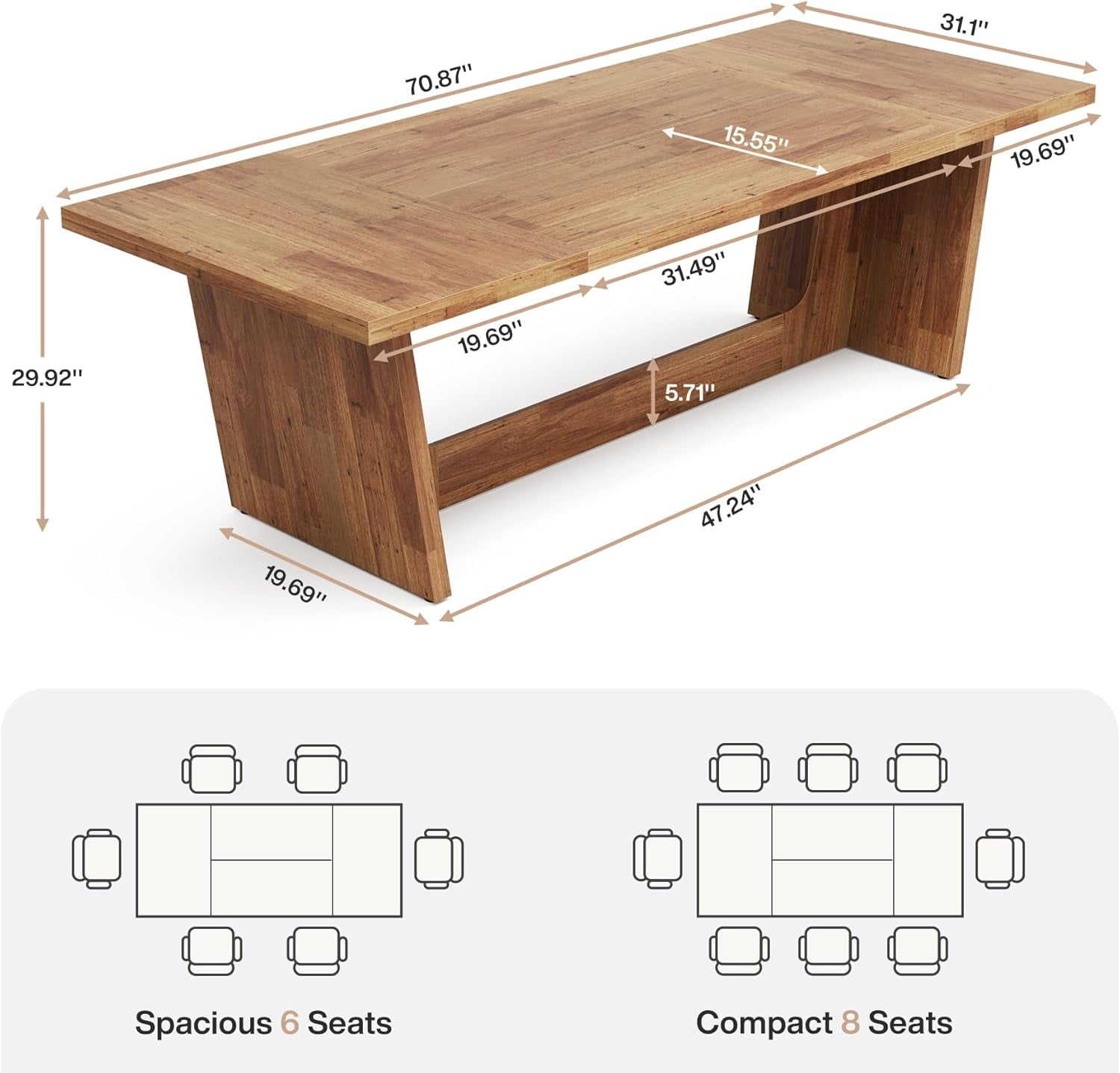 Tribesigns Wooden Large Dining Table for 6-8 People, 70.87-Inch Rectangular Farmhouse Kitchen Table,Light Brown