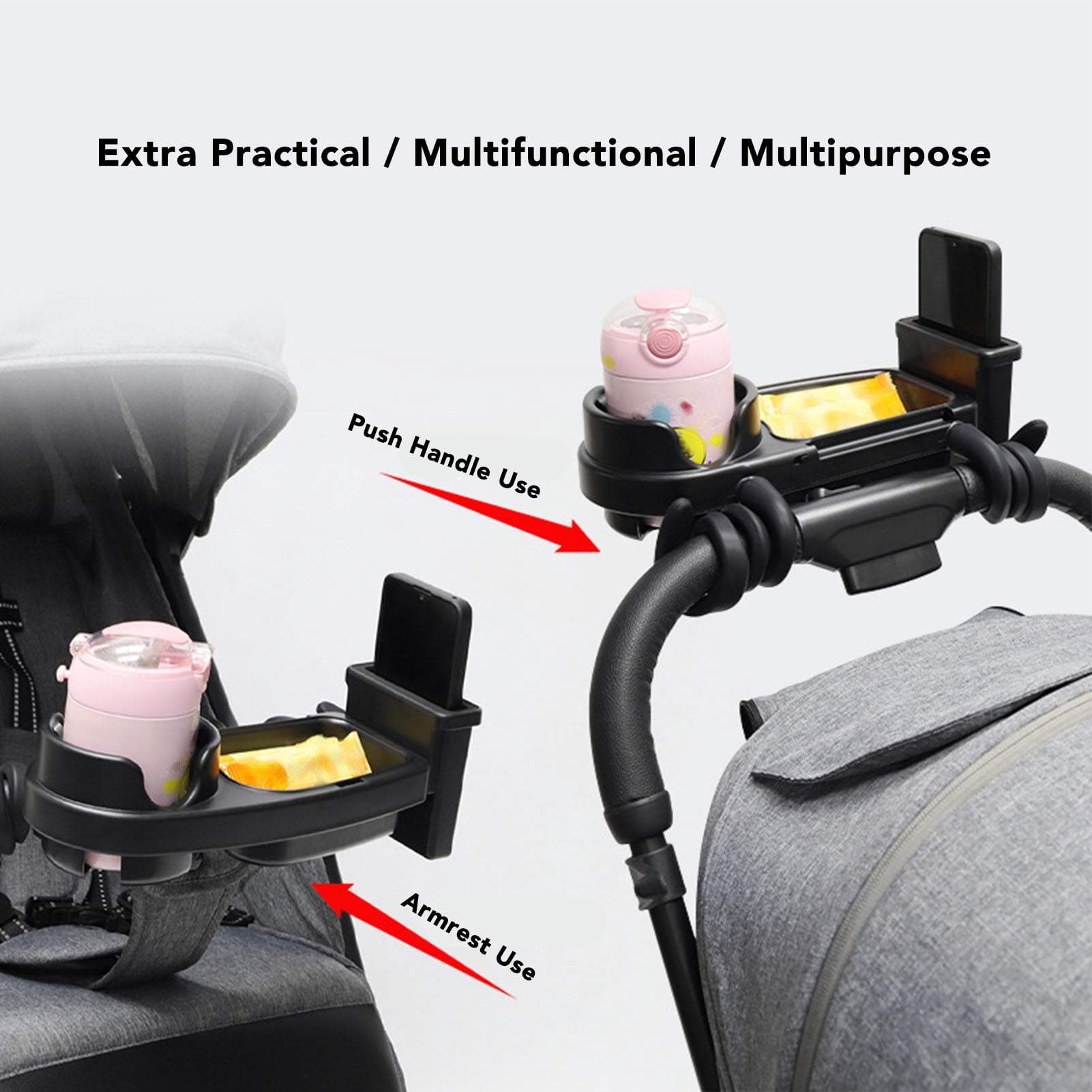 YAHHU Universal Stroller Snack Tray with Cup Holder Multifunctional Portable Plastic Attachment for Baby Toddler Travel Accessories Black Compatible with Most Stroller Bumper Bars