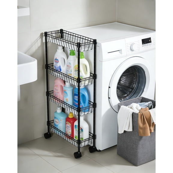 Slim Rolling Storage Cart, 4 Tier Metal Utility Cart with Wheels, Adjustable Shelving Unit Basket for Kitchen Bathroom Laundry Room Living Room & Narrow Corner, 15.75"X5.91"X31.5", Black