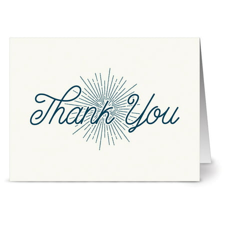 24 Note Cards - Ivory and Blue Retro Thank You - Blank Cards - Kraft Envelopes Included