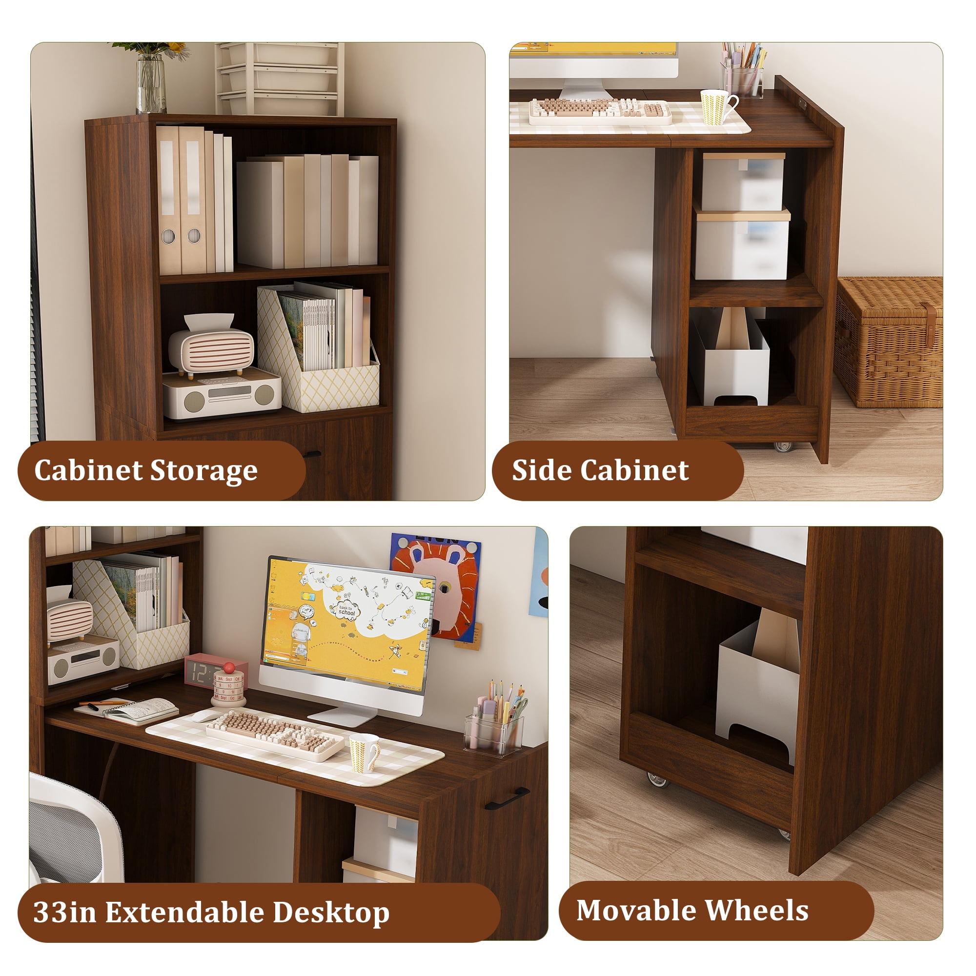 Mintazer Expandable Retractable Desk with Adjustable Open Shelves & Storage, Multi‑Mode Folding Desk Cabinet with Lockable Mobile Wheels for Small Apartment Dorm Home Office, Walnut