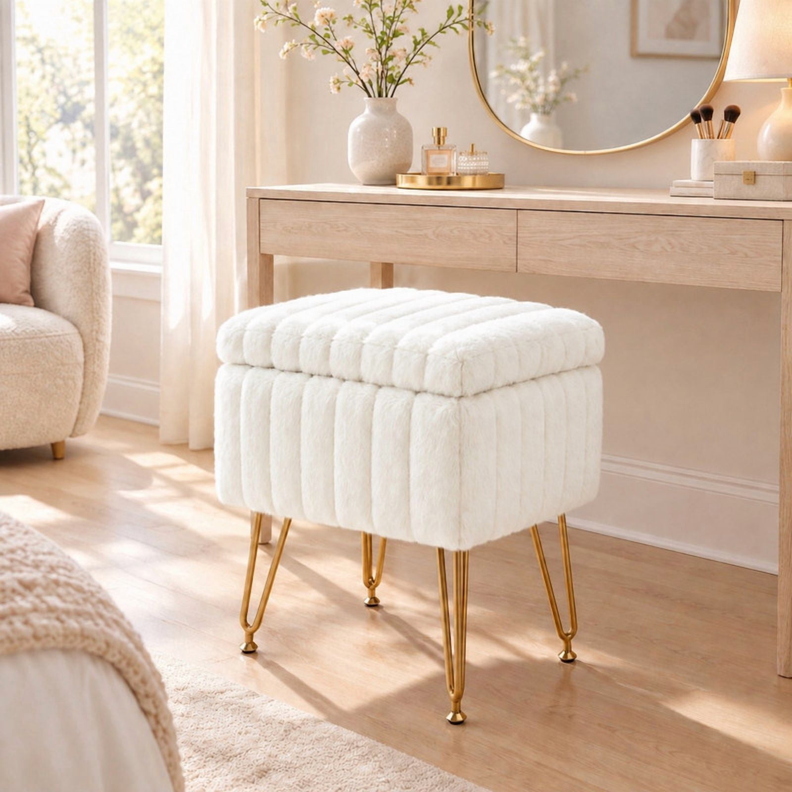 BEAUTYPEAK Vanity Stool with Storage Faux Fur Padded Makeup Ottoman with Gold Metal Legs and Adjustable Feet 18.9" Footstool, White