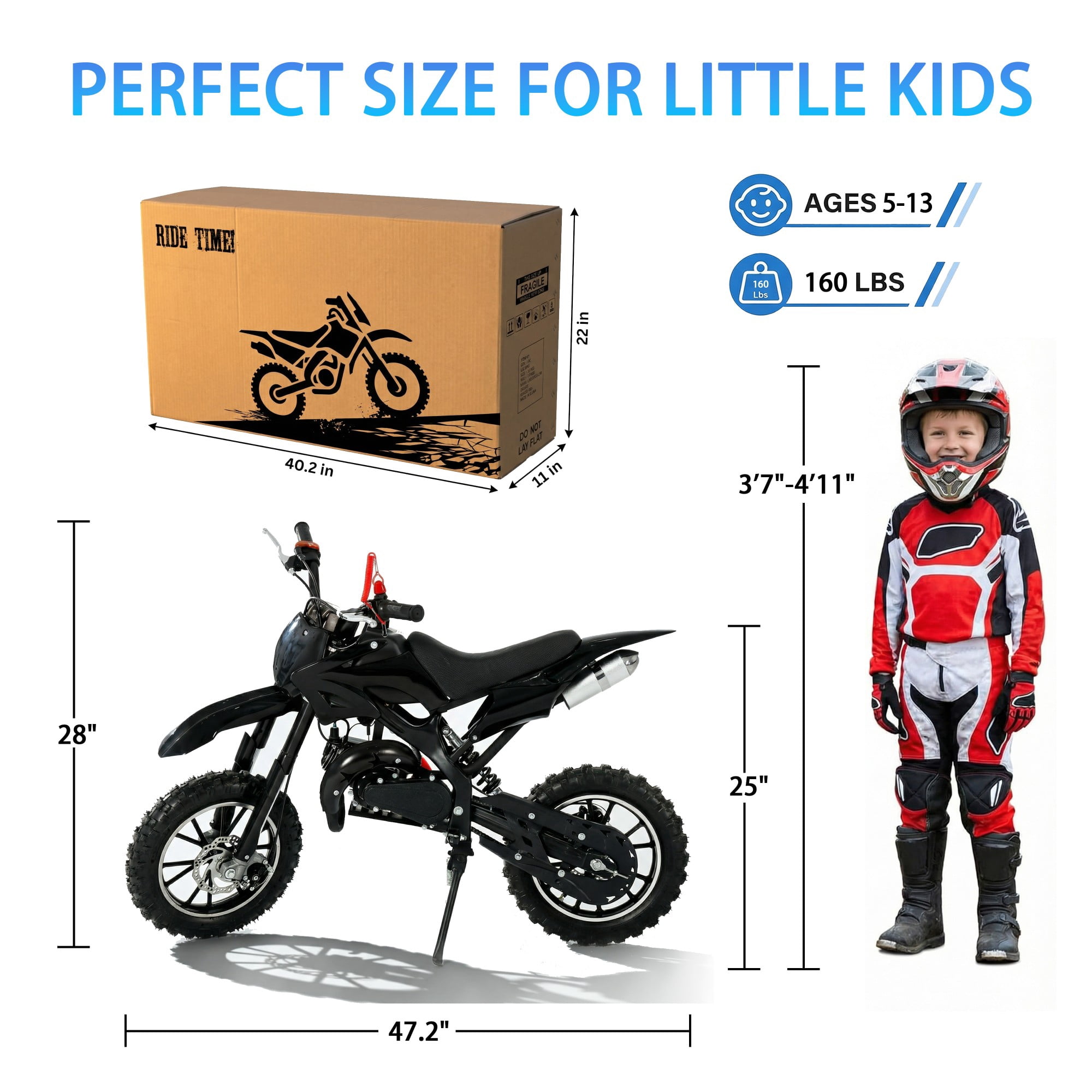 FONA 49cc 2-Stroke Dirt Bike for Kids 8-12, 25mph Mini Motorcycle with Dual Disc Brakes, Multi Terrain Tires, Suspension & Soft Seat Black