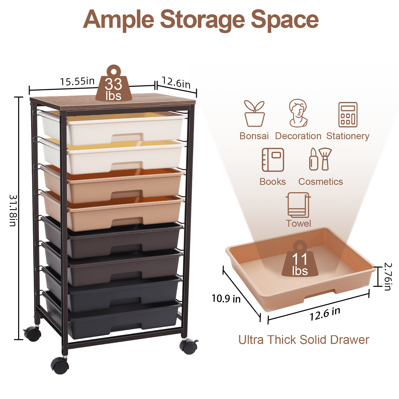 KK KINGRACK 8 Drawer Rolling Storage Cart with Wheels Office School Organizer Brown