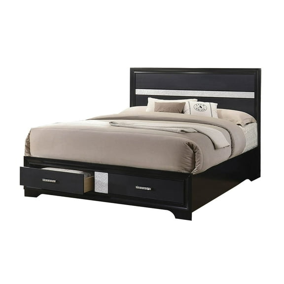 Wooden Eastern King Size Bed with 2 Storage Drawers Black and Silver - Saltoro Sherpi