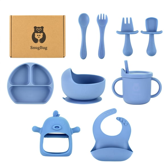 SnugBug Baby Led Weaning Supplies: Silicone Baby Spoons | Sippy Cup | Suction Plates | Baby Bowl | Baby Bib | Teething Toy