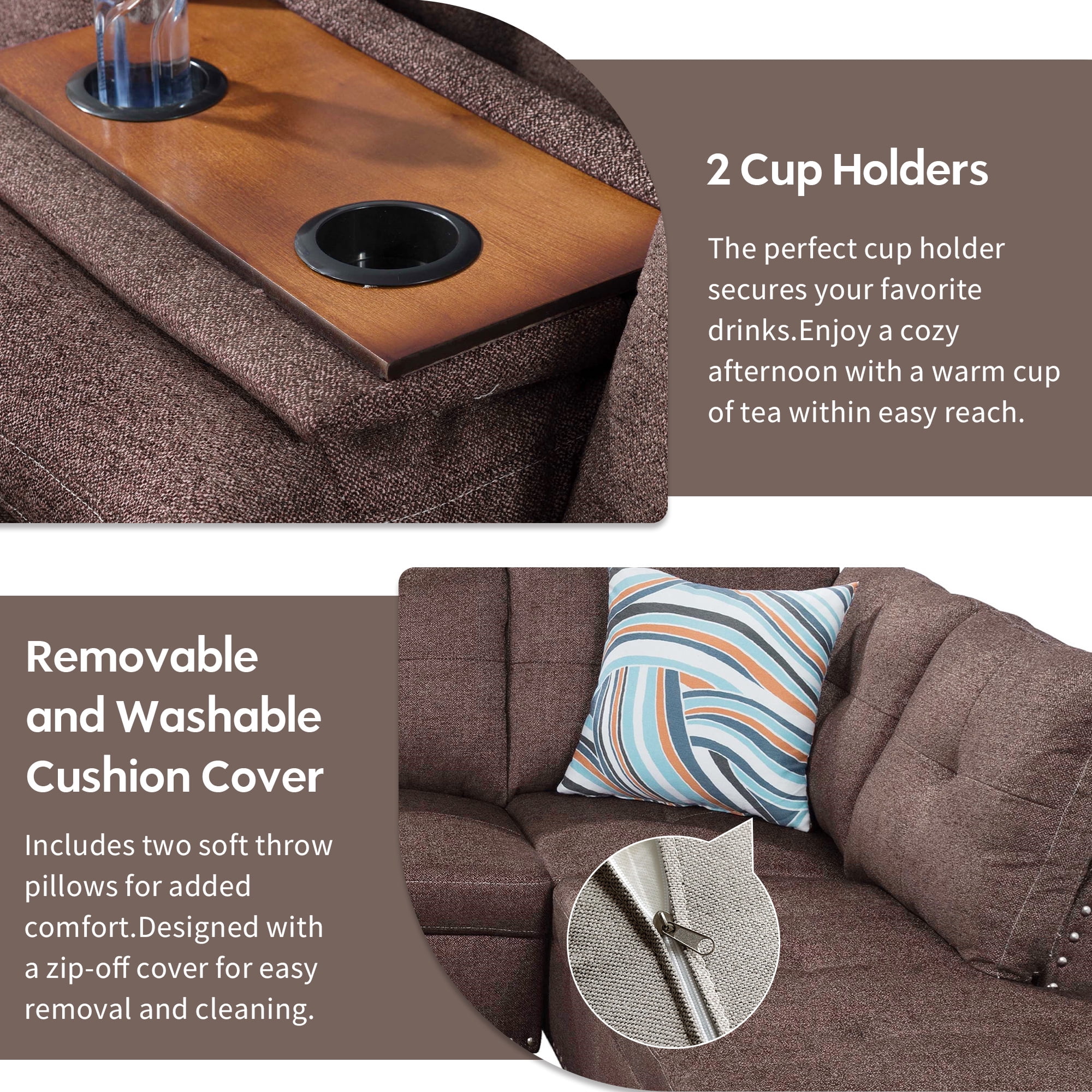 Aukfa 3 Piece Sectional Sofa, Living Room Couch with Storage Ottoman&Cup Holder, Linen, Right Hand, Brown