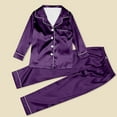 thumbnail image 3 of Satin Pajamas For Women Men Set Unisex Kids Pajamas Set Button Down Long Sleeve Sleepwear Lounge Set Long Sleeve Top And Pants Family Christmas Pajamas Matching Sets 2025 Kids #01Purple,150=11-12Y, 3 of 9
