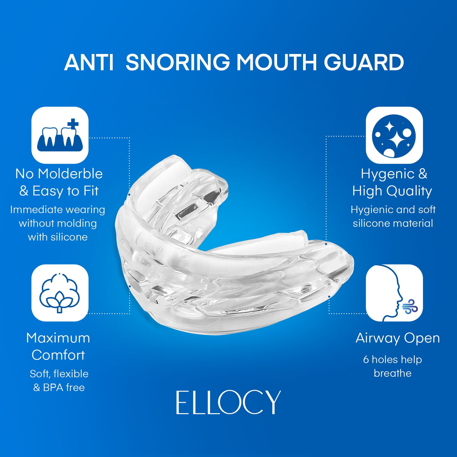Ellocy Anti Snoring Devices – Mouth Guard for Snoring & Teeth Grinding, Adjustable Fit for Men & Women