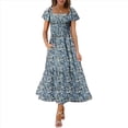 thumbnail image 2 of Women Summer Casual Square Neck Flutter Sleeve Boho Smocked A-Line Flowy Tiered Modest Midi Sun Dress with Pockets Style 1 XL, 2 of 7