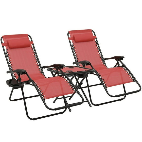 BEZT Set of 2 Lounge Chair With Tray And Headrest, Outdoor Zero-gravity Folding Chair, Maroon