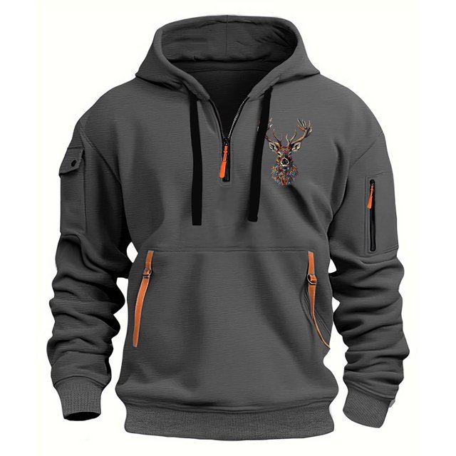 Styesk Sweatshirts for Men Men's Spring And Fall Printed Hooded Sweatshirt Zipper Multi-Pocket Pullover Sweatshirt