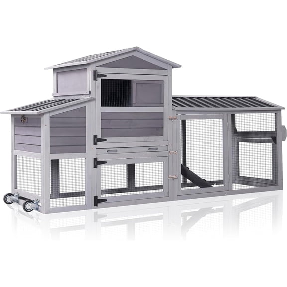Aivituvin Chicken Coop with Nesting Box for 4-6 Hens 80.46"L Large Chicken House on Wheels Chicken House Chickens Cage with Run, Leakproof Tray Grey