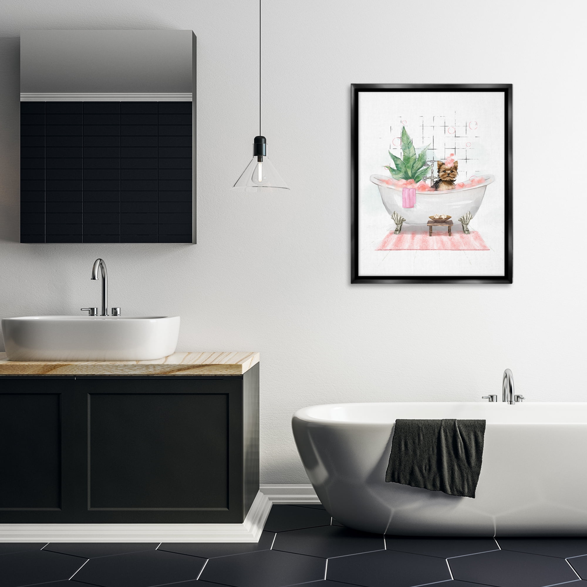 Stupell Industries Glam Pup in Tub Bath & Laundry Painting Black Floater Framed Canvas Art Print Wall Art, 25 x 31