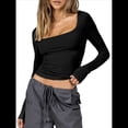 thumbnail image 1 of Tops Cortos de Algodón para Mujer, Camisetas de Larga, Cuello Cuadrado, Tops Y2k, Corte Entallado, Ropa de Moda para Salir de Otoño Negro S, 1 of 10